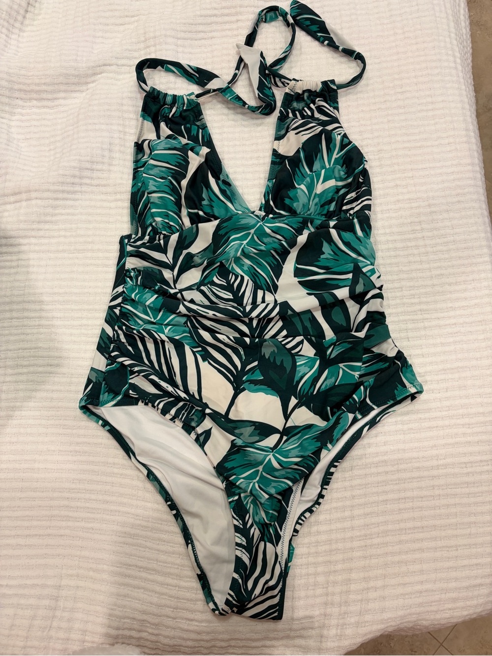Tropical Leaf Halter One-Piece Swimsuit - Teal Green